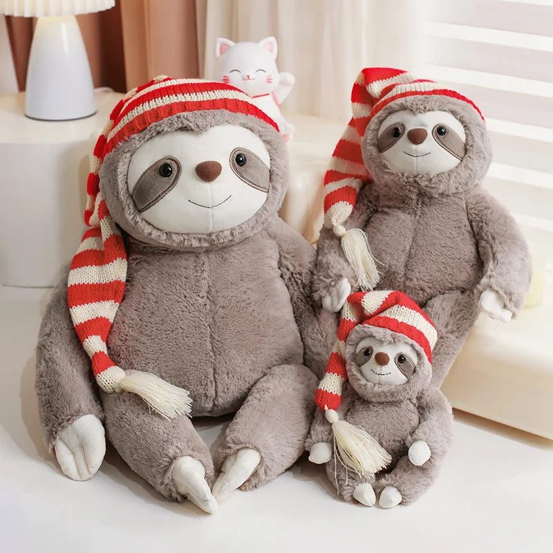 kawaii christmas sloth plush with striped hat